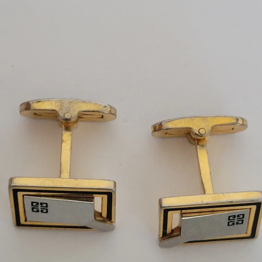 Givenchy Cufflinks Set Gold Silver Black Tone Rectangle Logo Vintage Designer